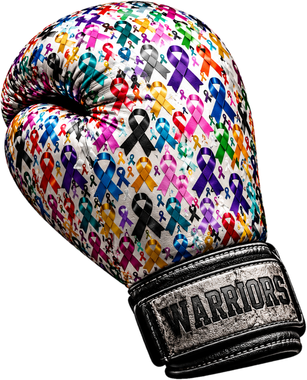 A boxing glove covered in awareness ribbons, labeled Warriors